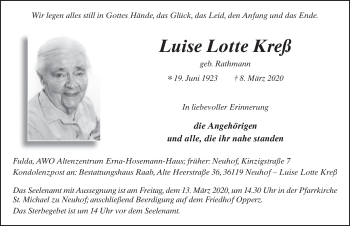 Traueranzeige von Luise Lotte Kreß von FZ