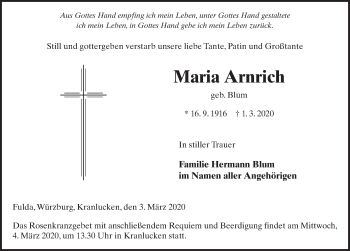 Traueranzeige von Maria Arnrich von FZ