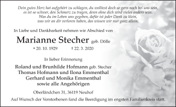 Traueranzeige von Marianne Stecher von FZ