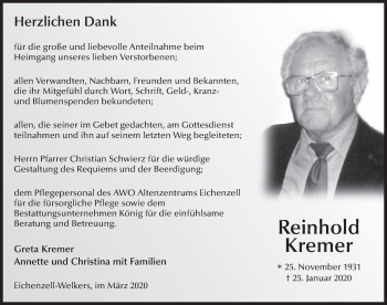 Traueranzeige von Reinhold Kremer von FZ