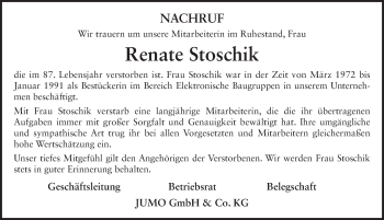 Traueranzeige von Renate Stoschik von FZ