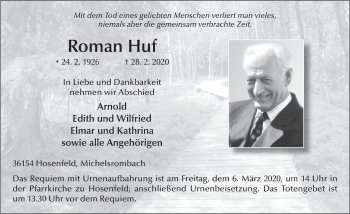 Traueranzeige von Roman Huf von FZ