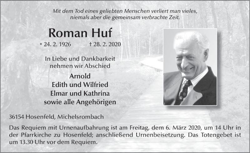  Traueranzeige für Roman Huf vom 04.03.2020 aus FZ