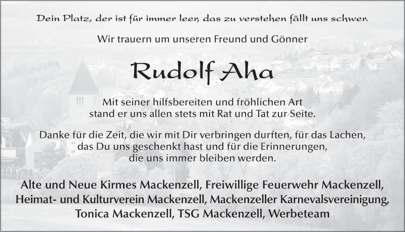  Traueranzeige für Rudolf Aha vom 07.03.2020 aus FZ