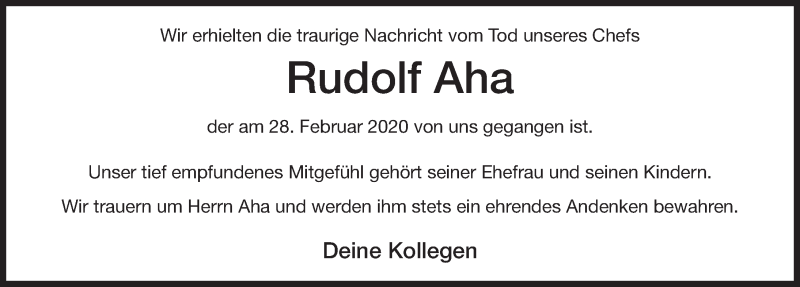  Traueranzeige für Rudolf Aha vom 10.03.2020 aus FZ