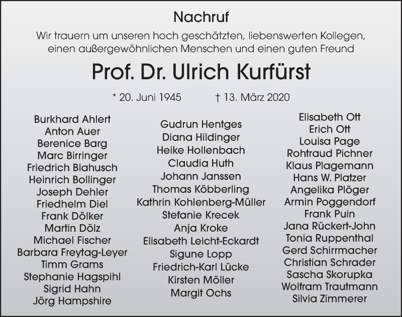  Traueranzeige für Ulrich Kurfürst vom 28.03.2020 aus FZ