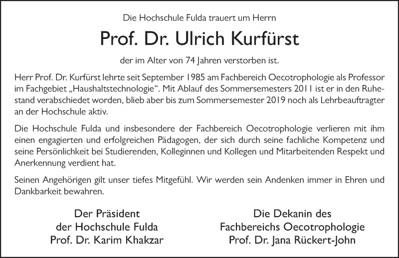  Traueranzeige für Ulrich Kurfürst vom 28.03.2020 aus FZ