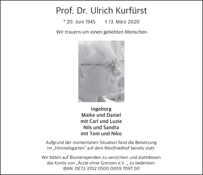  Traueranzeige für Ulrich Kurfürst vom 28.03.2020 aus FZ