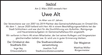 Traueranzeige von Uwe Alt von FZ