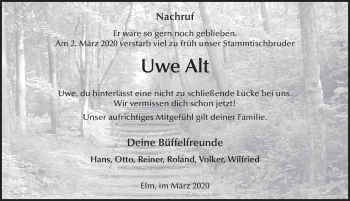 Traueranzeige von Uwe Alt von FZ
