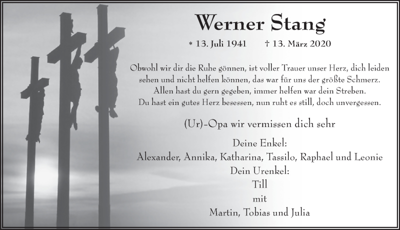  Traueranzeige für Werner Stang vom 26.03.2020 aus FZ