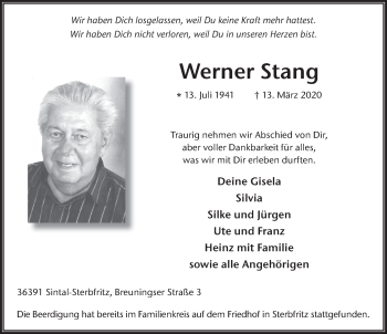 Traueranzeige von Werner Stang von FZ