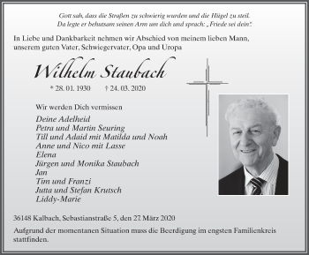 Traueranzeige von Wilhelm Staubach von FZ