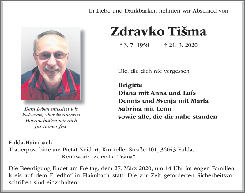  Traueranzeige für Zdravko Tisma vom 25.03.2020 aus FZ