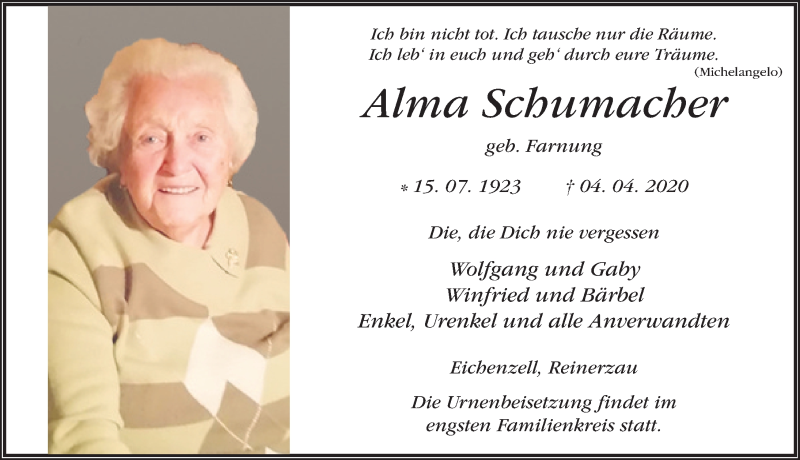  Traueranzeige für Alma Schumacher vom 16.04.2020 aus FZ