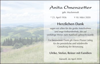 Traueranzeige von Anita Omenzetter von FZ