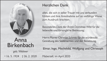 Traueranzeige von Anna Birkenbach von FZ