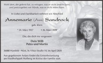 Traueranzeige von Annemarie Sandrock von FZ