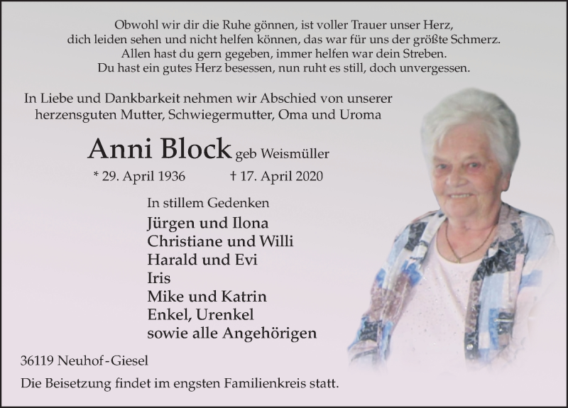  Traueranzeige für Anni Block vom 22.04.2020 aus FZ