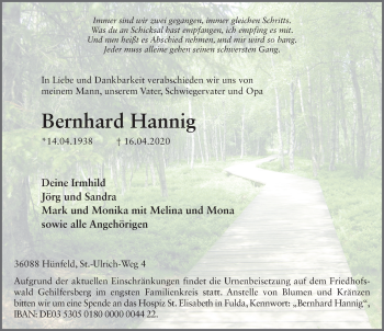 Traueranzeige von Bernhard Hannig von FZ