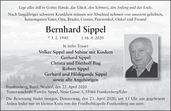 Traueranzeige von Bernhard Sippel von FZ