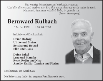 Traueranzeige von Bernward Kulbach von FZ