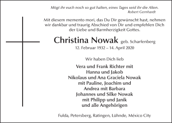 Traueranzeige von Christina Nowak von FZ