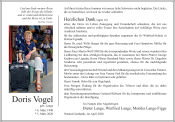 Traueranzeige von Doris Vogel von FZ