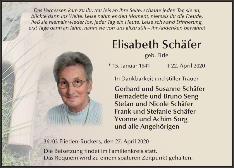  Traueranzeige für Elisabeth Schäfer vom 27.04.2020 aus FZ