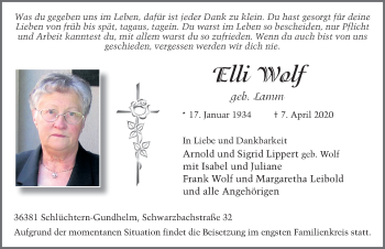 Traueranzeige von Elli Wolf von FZ