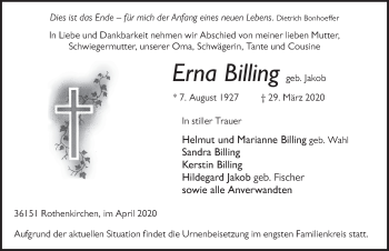 Traueranzeige von Erna Billing von FZ