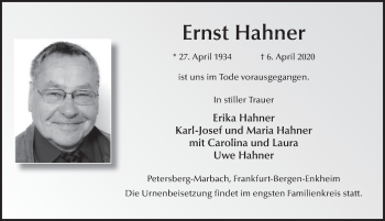 Traueranzeige von Ernst Hahner von FZ