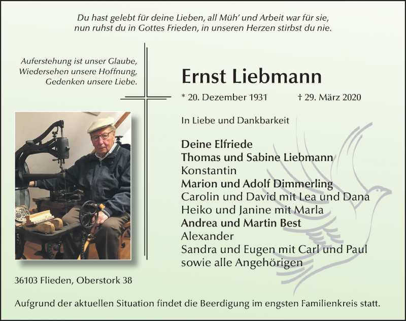  Traueranzeige für Ernst Liebmann vom 01.04.2020 aus FZ