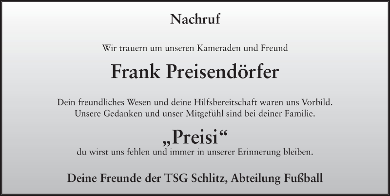  Traueranzeige für Frank Preisendörfer vom 09.04.2020 aus FZ