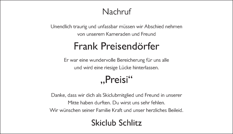  Traueranzeige für Frank Preisendörfer vom 07.04.2020 aus FZ