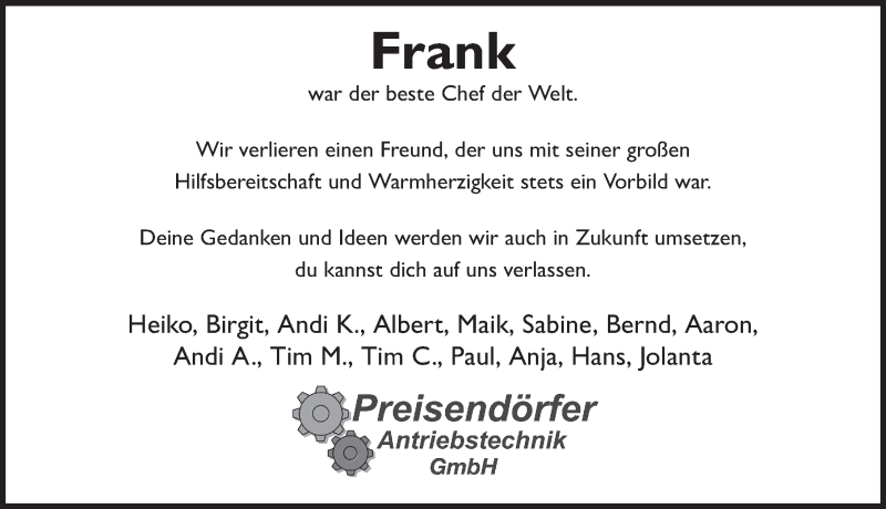  Traueranzeige für Frank Preisendörfer vom 08.04.2020 aus FZ