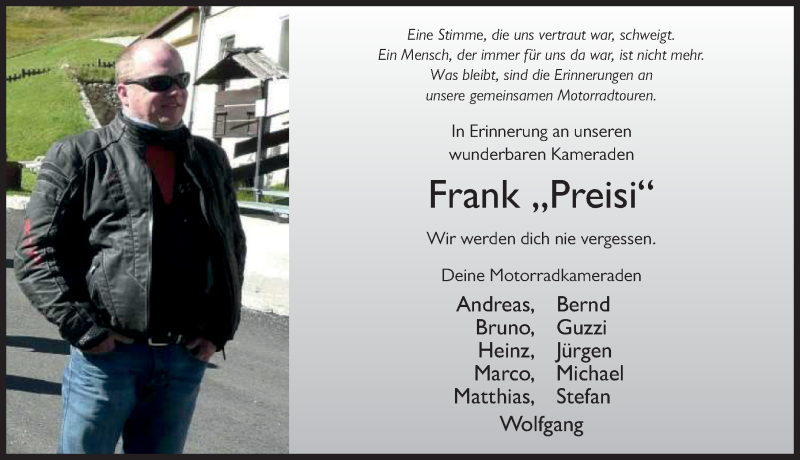  Traueranzeige für Frank Preisendörfer vom 09.04.2020 aus FZ