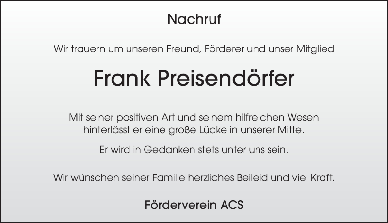  Traueranzeige für Frank Preisendörfer vom 14.04.2020 aus FZ