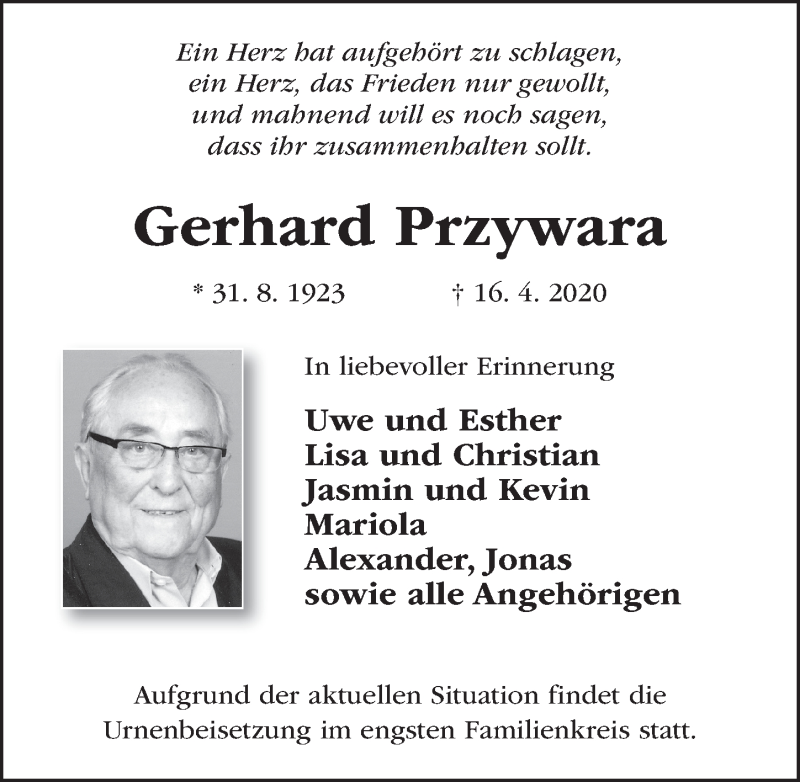  Traueranzeige für Gerhard Przywara vom 30.04.2020 aus FZ