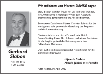 Traueranzeige von Gerhard Slabon von FZ