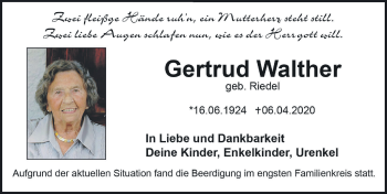 Traueranzeige von Gertrud Walther von FZ