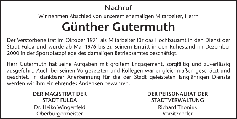  Traueranzeige für Günther Gutermuth vom 09.04.2020 aus FZ