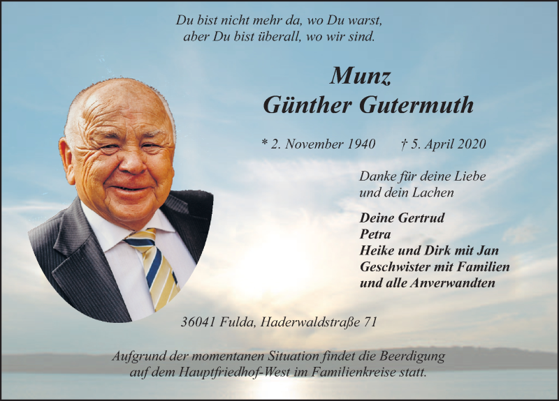  Traueranzeige für Günther Gutermuth vom 08.04.2020 aus FZ