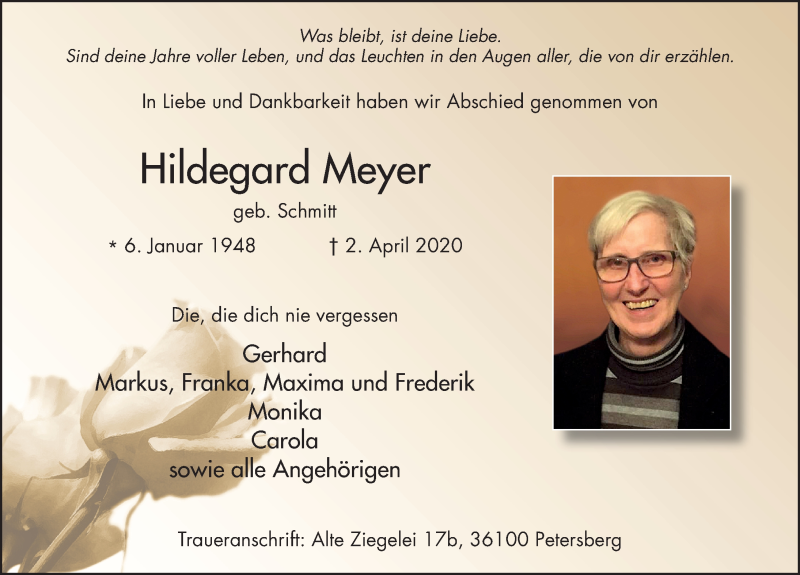  Traueranzeige für Hildegard Meyer vom 20.04.2020 aus FZ
