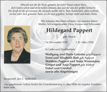 Traueranzeige von Hildegard Pappert von FZ