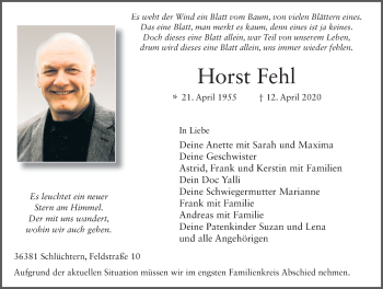 Traueranzeige von Horst Fehl von FZ