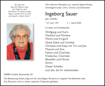 Traueranzeige von Ingeborg Sauer von FZ