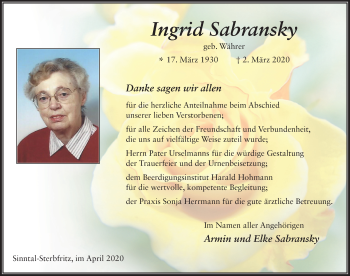 Traueranzeige von Ingrid Sabransky von FZ