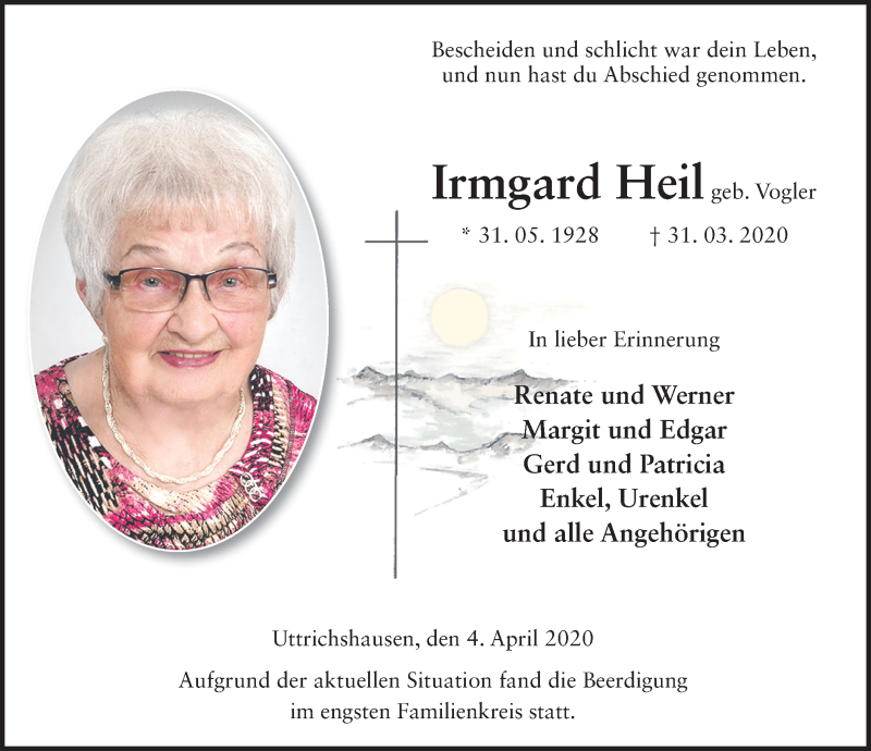  Traueranzeige für Irmgard Heil vom 04.04.2020 aus FZ