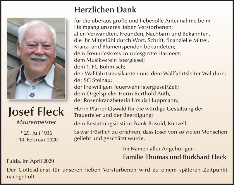  Traueranzeige für Josef Fleck vom 04.04.2020 aus FZ